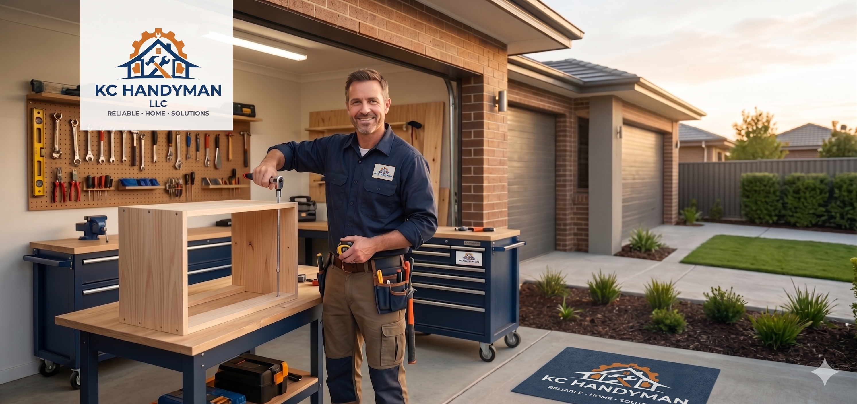 A KC Handyman professional working in a clean, organized garage workshop